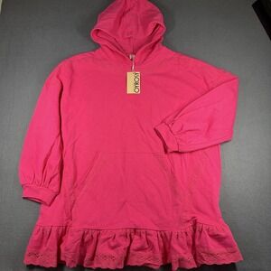 OYROSY Sweater Dress Womens XL Pink Hooded Lace Ruffle Hem 3/4 Puff Sleeve NWT